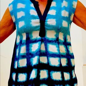 Anthropologie sleeveless top, size x small. Navy blue, white, light blue tie dye